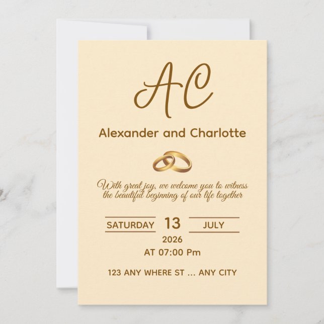 Golden Monogram Wedding Invitation Card Einladung (Vorderseite)