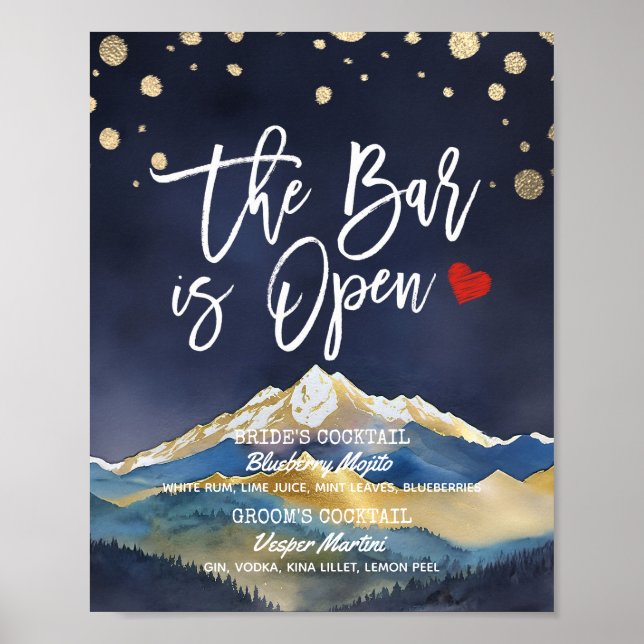 Golden Mountain Wedding Bar is Open Drink Menu Poster (Vorne)
