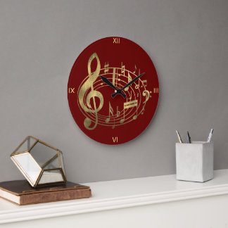 Golden Musical Notes in Oval Shape in Red Große Wanduhr