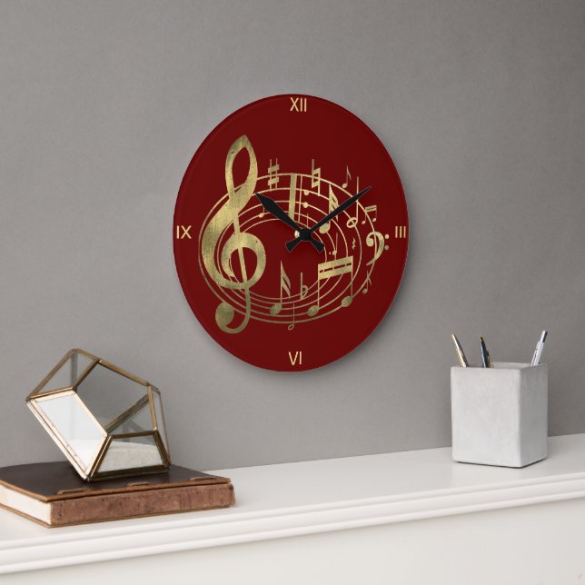 Golden Musical Notes in Oval Shape in Red Große Wanduhr (Büro)