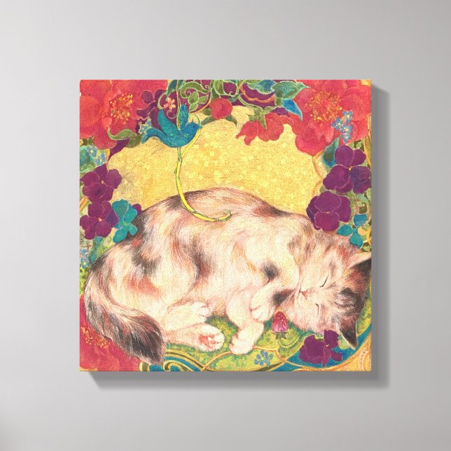  Golden Nap: Feline Serenity in Bloom Leinwanddruck (Vorderseite)