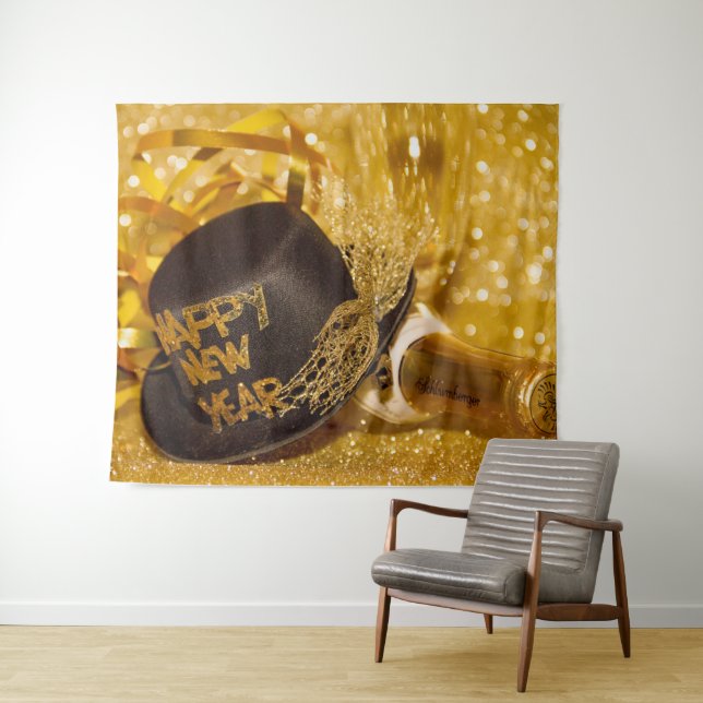 Golden New Years Top Hat Wandteppich (Beispiel (Horizontal))