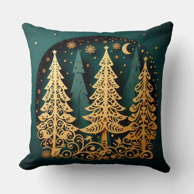 Golden Night Woodland – Christmas Tree Pattern Kissen (Vorderseite)