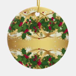 Golden Noel Garland — Red Berries & Holly Leaves Keramik Ornament