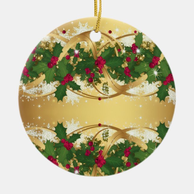 Golden Noel Garland — Red Berries & Holly Leaves Keramik Ornament (Vorne)