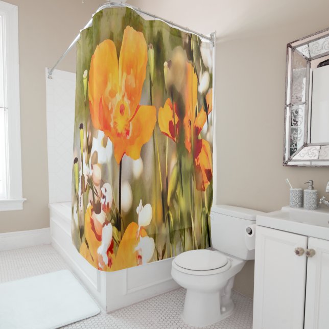 Golden Orange California Poppy Akryllische Malerei Duschvorhang (Beispiel)