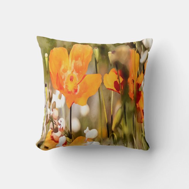 Golden Orange California Poppy Akryllische Malerei Kissen (Vorderseite)