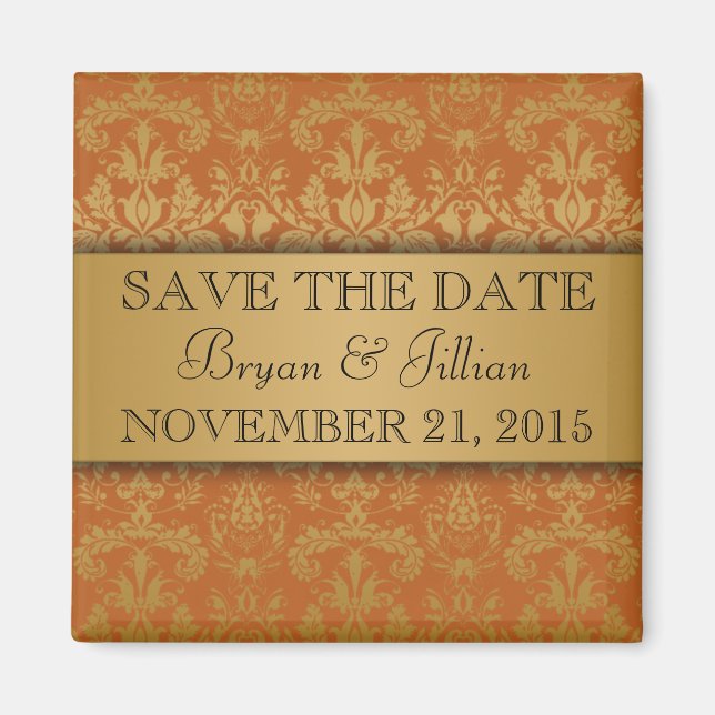 Golden Orange & Gold Regal Damask Save the Date Magnet (Vorne)
