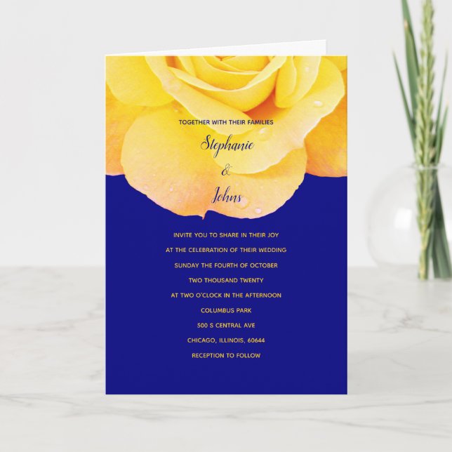 Golden Orange Yellow Rose Navy Blue Floral Wedding Einladung (Vorderseite)