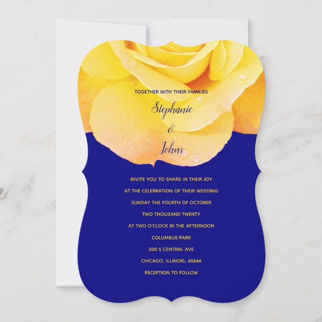 Golden Orange Yellow Rose Navy Blue Floral Wedding Einladung (Vorderseite)