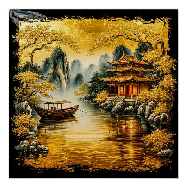 Golden Oriental Lake mit Pagoda Poster (Vorderseite)