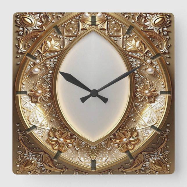 Golden Ornate Frame Wall Clock Quadratische Wanduhr (Vorderseite)