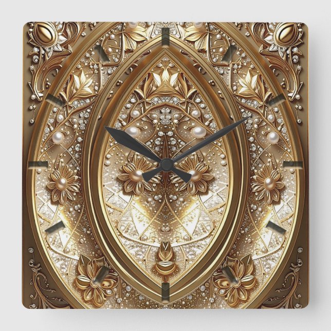 Golden Ornate Frame Wall Clock Quadratische Wanduhr (Vorderseite)