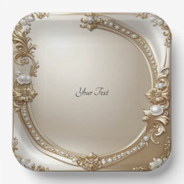 Golden Ornate Frame with Pearls Paper Plate Pappteller