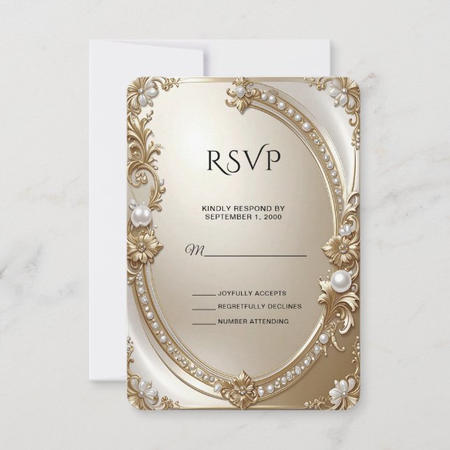 Golden Ornate Frame with Pearls RSVP Card (Vorderseite)