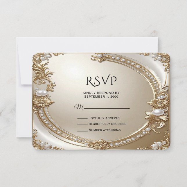Golden Ornate Frame with Pearls RSVP Card Karte (Vorderseite)