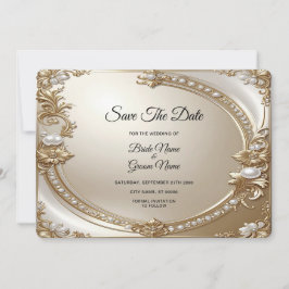 Golden Ornate Frame with Pearls Save The Date