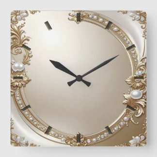 Golden Ornate Frame with Pearls Wall Clock Quadratische Wanduhr