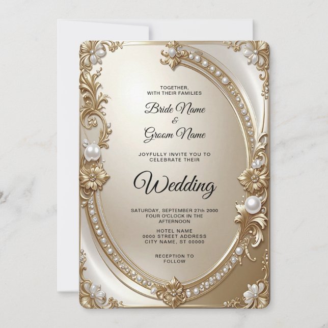 Golden Ornate Frame with Pearls Wedding Invitation Einladung (Vorderseite)
