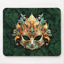Golden Ornate Mask on Forest Green Background Mousepad