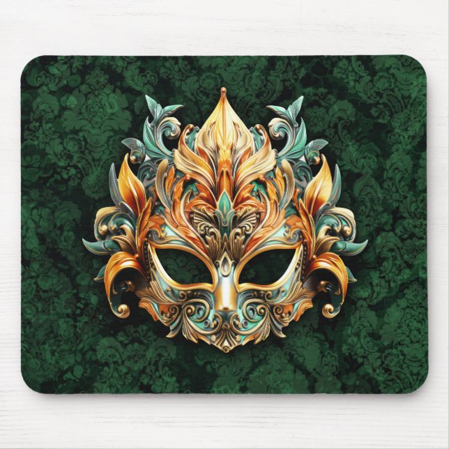 Golden Ornate Mask on Forest Green Background Mousepad (Vorne)