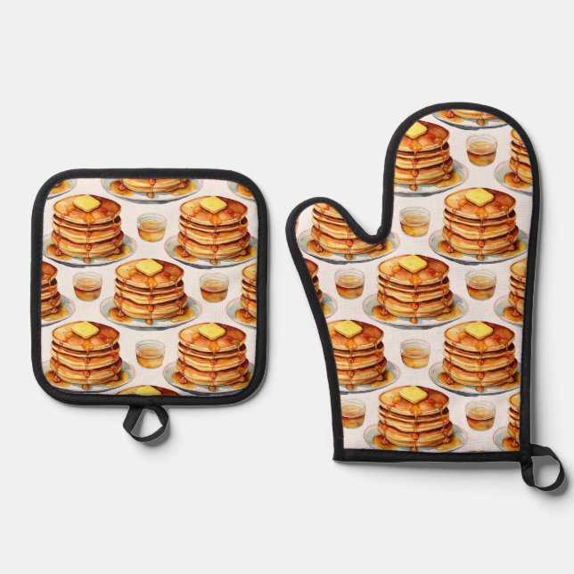 Golden Pancake Morning Wasserfarbsirup und Butter Ofenhandschuh & Topflappen-Set (Vorderseite)