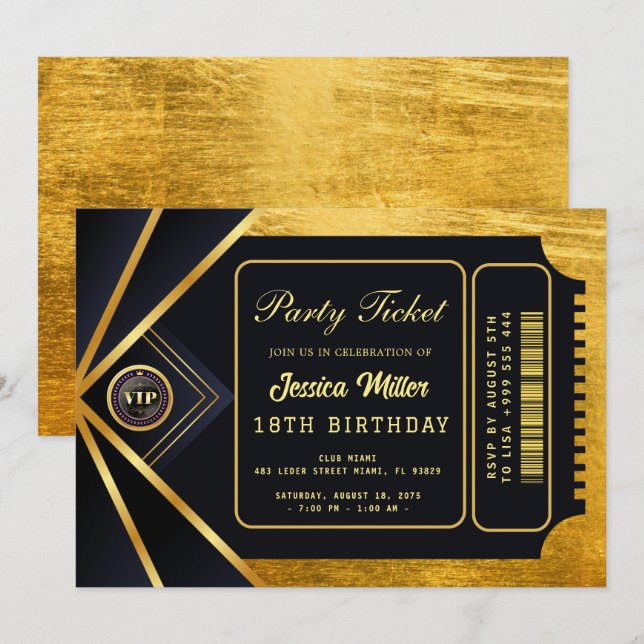 Golden Party Ticket Invitation Einladung (Vorne/Hinten)
