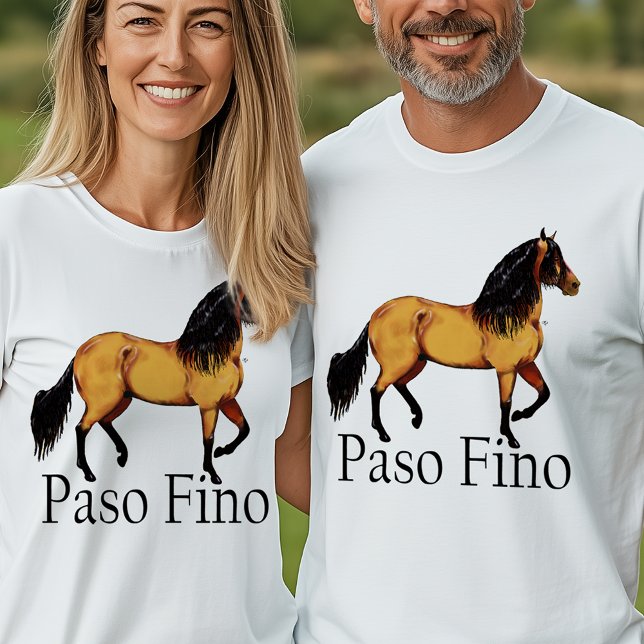 Golden Paso Fino Ristorante da Enzo T-Shirt (White t-shirt with golden Paso Fino horse illustration and bold black text “Paso Fino,”)