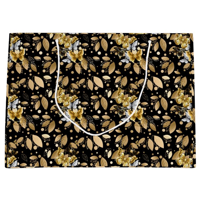 Golden Pattern 06.bw Black BG Große Geschenktüte (Vorderseite)