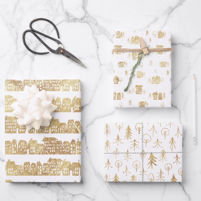 Golden Patterns Urban Snow Wrapping Paper Sheets Geschenkpapier Set (Vorderseite)