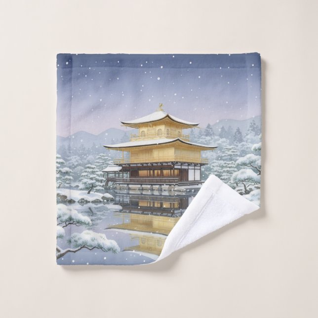 Golden Pavilion in Snow: White Cat & Kinkaku-ji  Waschlappen (Waschlappen)