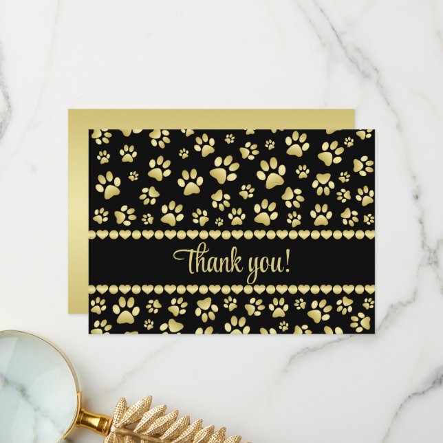 Golden Paw Prints on Black with Custom Name Dankeskarte (Vorderseite/Rückseite Beispiel)
