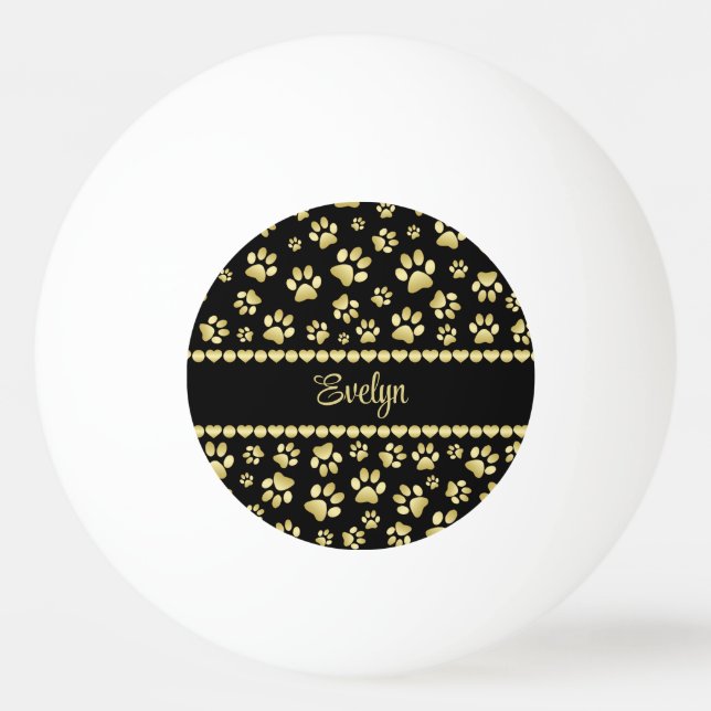Golden Paw Prints on Black with Custom Name Tischtennisball (Vorderseite)