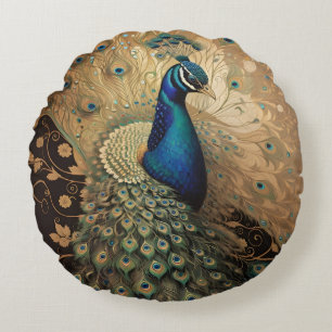 Golden Peacock Bird Rundes Kissen