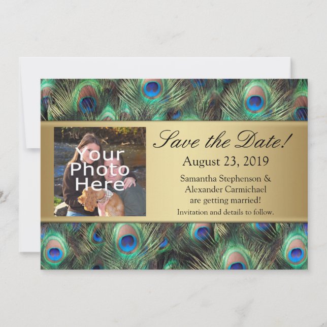 Golden Peacock Feather Foto Save the Date (Vorderseite)