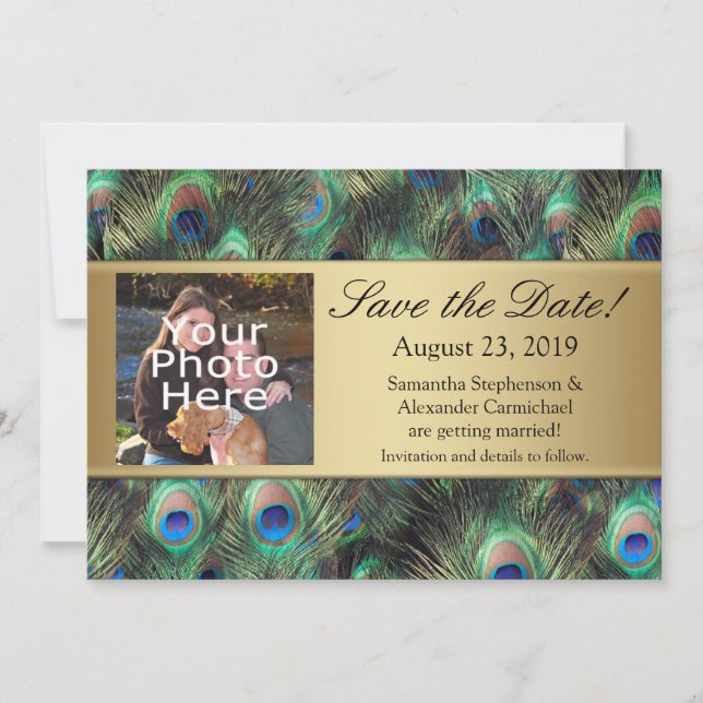 Golden Peacock Feather Foto Save the Date (Vorderseite)