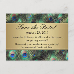 Golden Peacock Feather Hintergrund Save the Date Ankündigungspostkarte