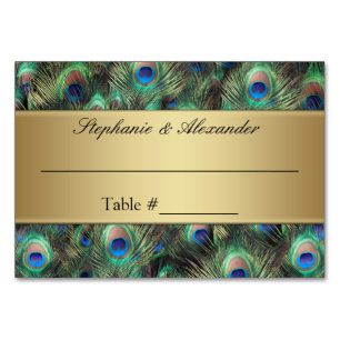 Golden Peacock Feather Table Place Name Cards Tischnummer