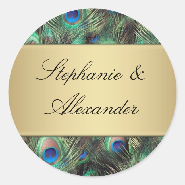 Golden Peacock Feather Wedding Umschlag Aufkleber (Vorderseite)