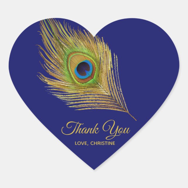Golden Peacock fether Danke an Navy Blue Herz-Aufkleber (Vorderseite)
