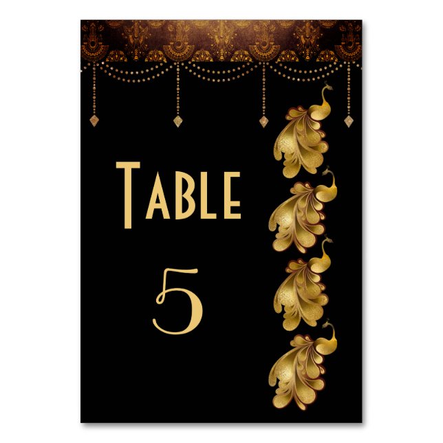 Golden Peacocks, alte ägyptische Art Déco Hochzeit Tischnummer (Vorderseite)