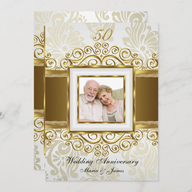 Golden & Pearl Swirl Damask Foto 50 Jahre alt Einladung (Vorne/Hinten)