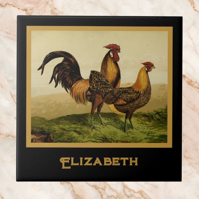 Golden Penciled Hamburg Roosters Black Monogram Fliese (Von Creator hochgeladen)