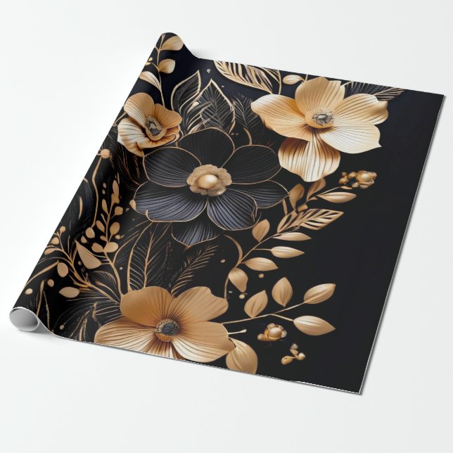 Golden Petals: Blumen auf schwarz Geschenkpapier (Ungerollt)