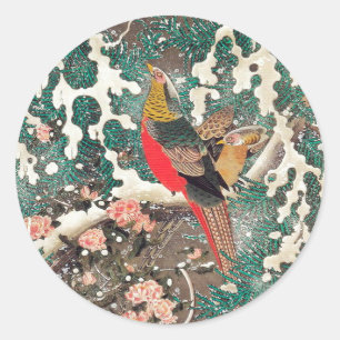 Golden Pheasants in Snow von Ito Jakuchu Runder Aufkleber
