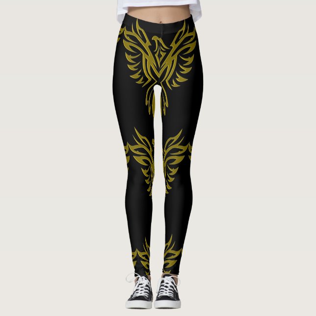 Golden Phoenix Aufstieg auf schwarz Leggings (Vorderseite)