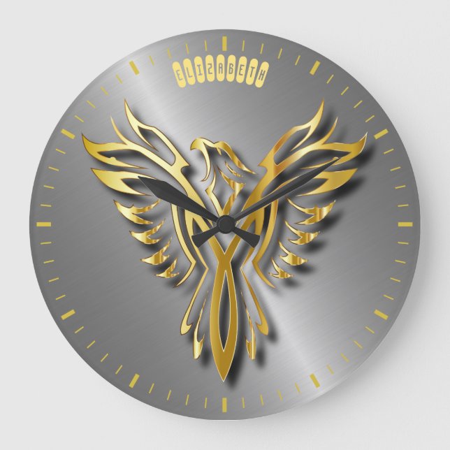 Golden Phoenix Gold Flammen mit Schatten Große Wanduhr (Vorderseite)