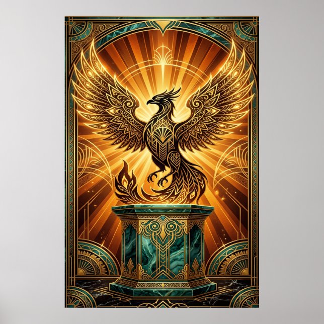 Golden Phoenix Rising Art Deco Illustration Poster (Vorne)