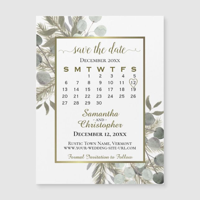 Golden Pine Wedding Save the Date Calendar Magnetkarte (Vorderseite)