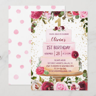 Golden & Pink Floral Cake 1. Geburtstag Einladung